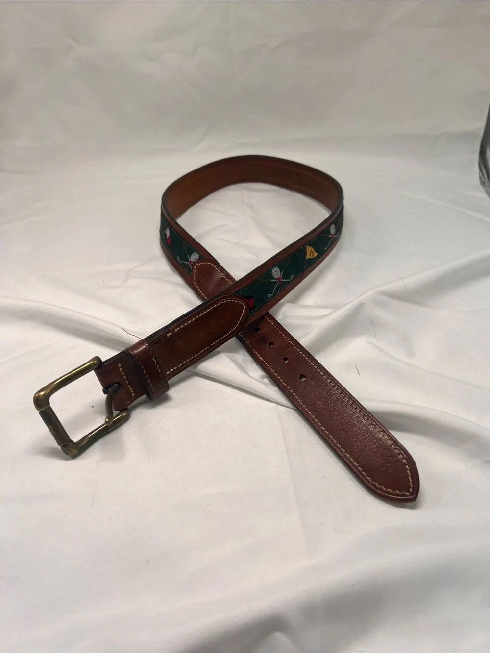 Tommy Hilfiger Brown Leather Belt with Green Embroidered Accent